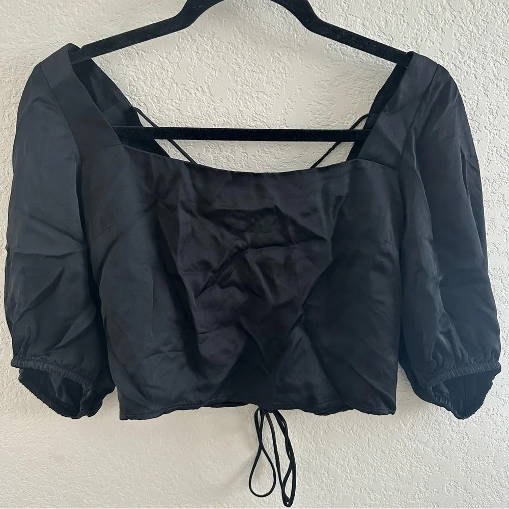 H&M black open back lace up satin blouse